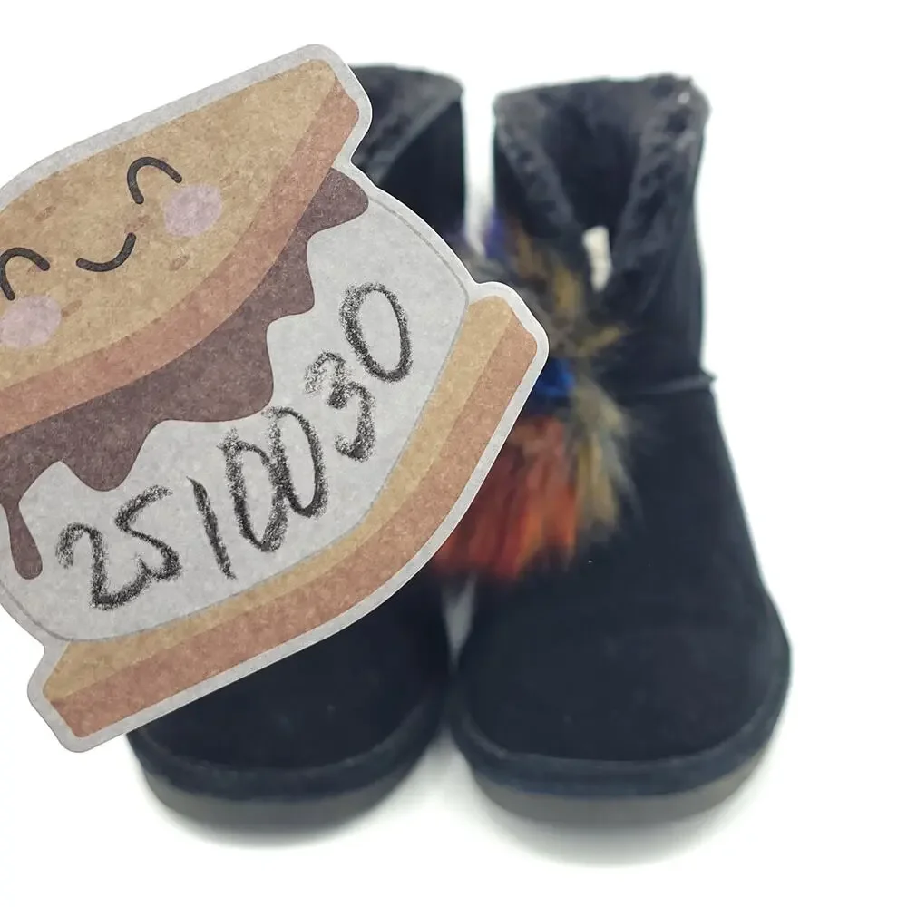 BEARPAW boots Libby Suede Sheepskin wool Black Multicolor Pom Size 9
